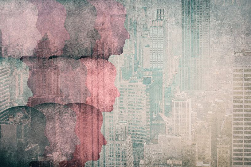 Illustration, silhouettes of heads and city by Berit Kessler