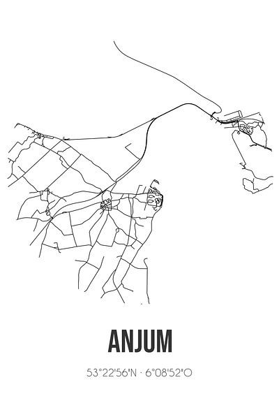 Anjum (Fryslan) | Carte | Noir et blanc par Affiches de lieux