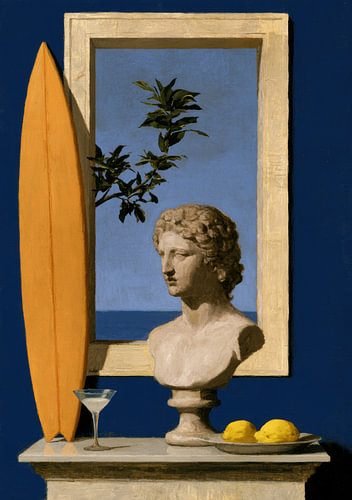 A Mediterranean still-life symbiosis: a bust, a surfboard and lemons