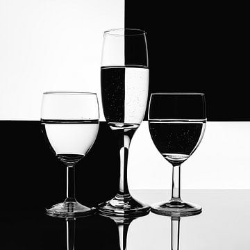 Abstrakter Teller mit Weingläsern auf einem schwarzen und weißen Hintergrund. Die Spiegelungen im Wa von Jolanda Aalbers
