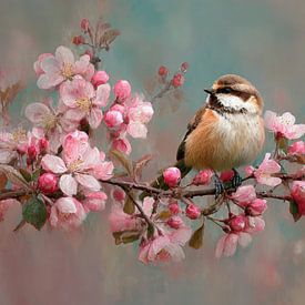 Ein kleines Vögelchen zwischen rosa Blüten von Joriali Fine Art