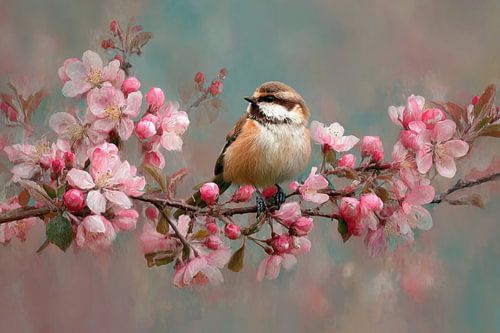 Klein vogeltje tussen roze bloesems van Joriali Fine Art