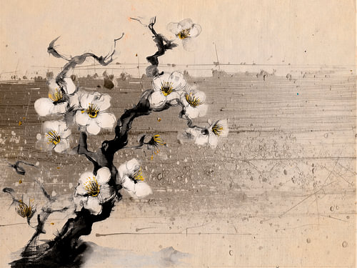 Rustgevende Witte Bloesem in Japanse Inktstijl