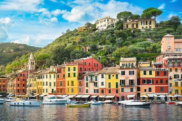 Uitzicht op Portofino, het dorp en de jachthaven. Ligurië, Italië van Stefano Orazzini