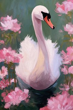 Zwaan tussen roze bloemen no.2 van Studio BB