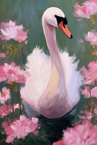 Cygne parmi les fleurs roses n° 2