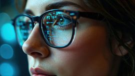 Das Gesicht einer Frau v', mit alphanumerischen Daten, die sich in ihrer Brille spiegeln von Markus Gann