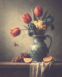 A classic still life featuring tulips, fruit and a butterfly by PixelMint.