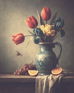 Nature morte classique avec des tulipes, des fruits et un papillon