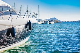 Detailopname van geankerde luxe motorboot in jachthaven van Alex Winter