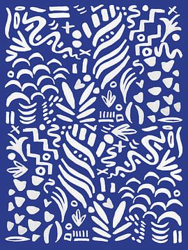 Crazy lines, abstracte scribble kunst, blauw met wit van Mijke Konijn