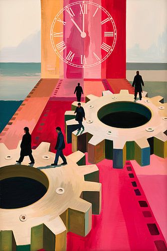Clockwork Existence - Surreale abstrakte Stadtbildmalerei über Zeit und menschliche Routine