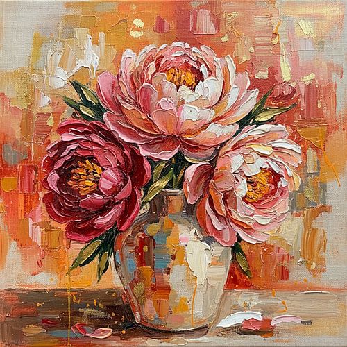 Modern Abstract Stilleven. Drie Pioenrozen op een vaas