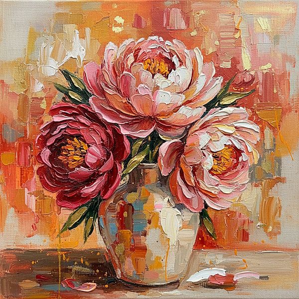Modern Abstract Still life of 3 peonies on a vase by Studio Pieternel