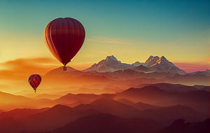 Heißluftballons mit Bergen im Sonnenuntergang Illustration