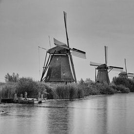 Moulins à vent près de Kinderdijk Rotterdam Noir et blanc sur Elbertsen Fotografie