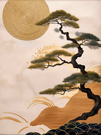 Japanische Stickkunst: Bonsai-Kiefer und goldene Sonne