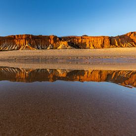 Sunset on the sandy beach Praia da Falésia. Cliffs Pink flowers near Albufeira, Portugal by Fotos by Jan Wehnert
