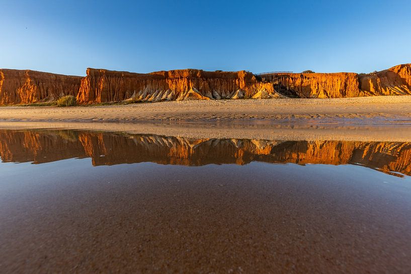 Sunset on the sandy beach Praia da Falésia. Cliffs Pink flowers near Albufeira, Portugal by Fotos by Jan Wehnert