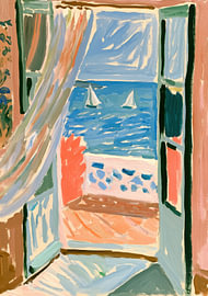 A view through the open window of the blue sea with sailing boats by Niklas Maximilian