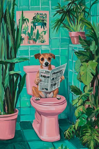 Dog wagging its tail on the toilet by Poster Art Shop