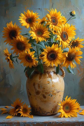 Klassiek stilleven met zonnebloemen in een vaas