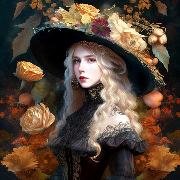 Alte Meister junge Frau Portrait großer Hut Blumen blondes Haar von gm_designs