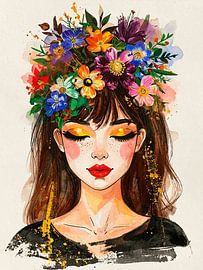 Portrait à l'aquarelle d'une femme avec une couronne de fleurs et des paillettes dorées