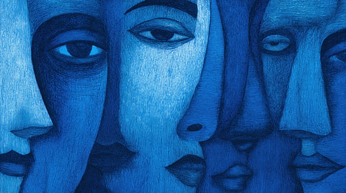 Bohemian blue faces, minimalism, abstract, panorama