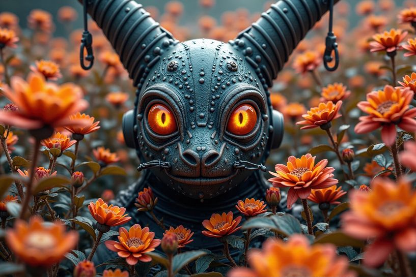 Créature robotique au milieu de fleurs orange par Markus Gann