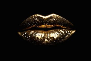 Lèvres dorées avec des gouttes d'eau sur De Muurdecoratie