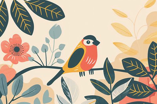 Gestileerde vogel tussen kleurrijke bladeren