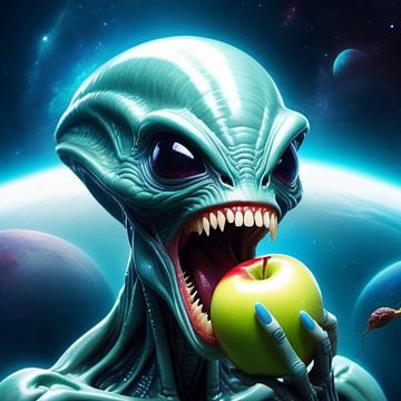 Neon-Alien mit Apfel