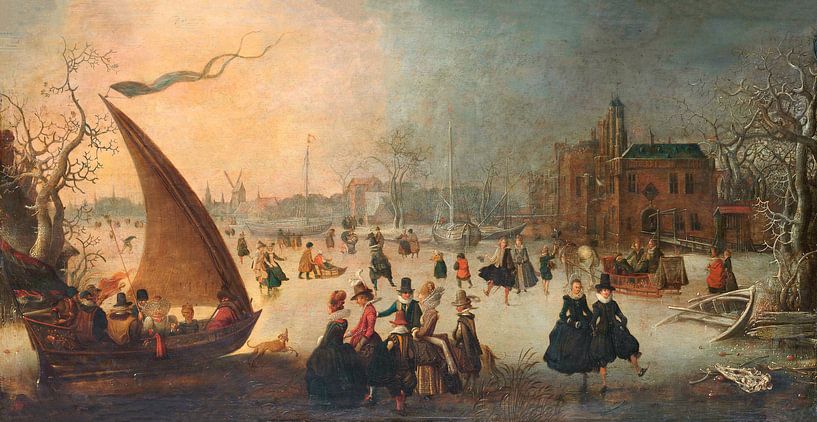 Landschaft mit zugefrorenem Kanal, Schlittschuhläufern und einem Eisboot, Adam van Breen von Meisterhafte Meister