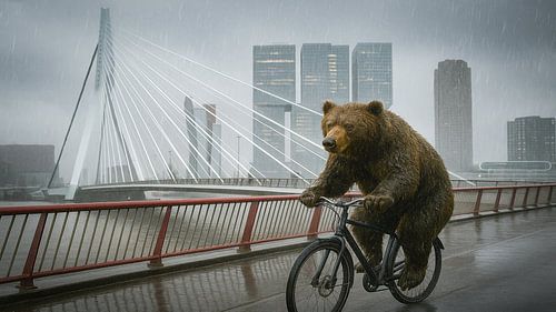 Bruine beer op fiets in stromende regen