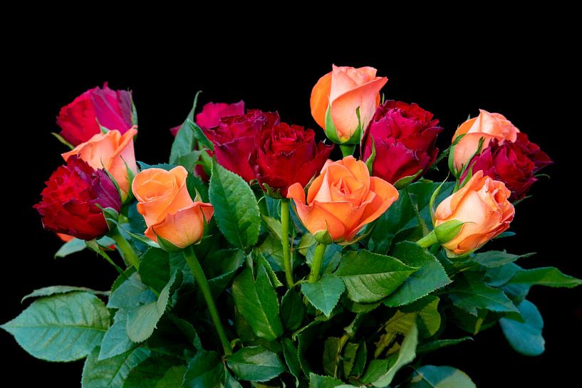 Un bouquet de roses orange et rouges sur fond noir par Jolanda de Jong-Jansen