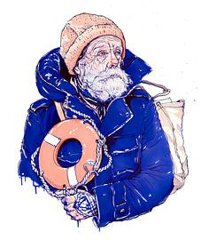 Seemann, der einen Rettungsring hält und eine orangefarbene Strickmütze trägt von ArtMomente