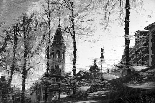 Elleboogkerk en Langegracht historisch Amersfoort in zwartwit