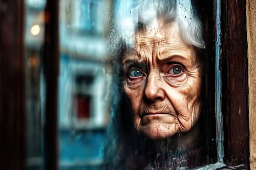 Bejaarde vrouw voor het raam in de regen