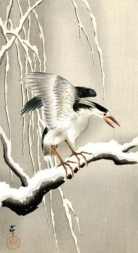 Ohara Koson – Reigers op een besneeuwde tak (1900–1930) | Antieke Japanse houtsnede