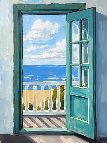 A Mediterranean breeze, an open door leading onto the balcony with a view of the sea by Kim Karol / Ohkimiko