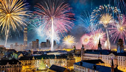 Fireworks over the city at night