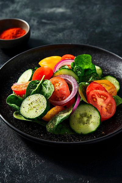 Kleurrijke gemengde salade op een zwart bord van Poster Art Shop