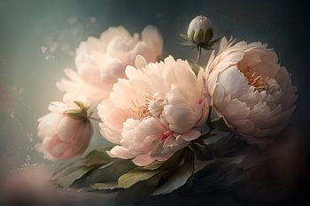 Pioenrozen schilderij – romantisch bloemenstilleven in zacht licht en pasteltinten