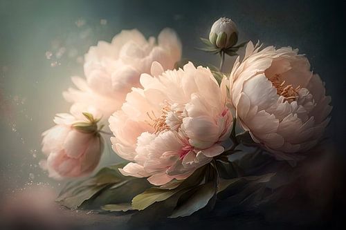 Pfingstrosenmalerei – romantisches Blumenstillleben in sanftem Licht und Pastelltönen von Joriali Fine Art