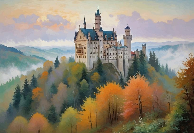 Neuschwanstein Castle Painting Landscape by MIROKKU