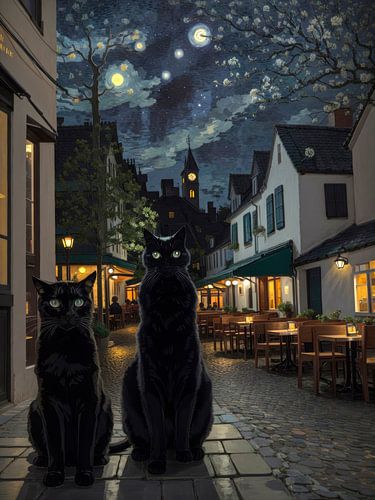 Twee zwarte katten in een nachtelijk steegje