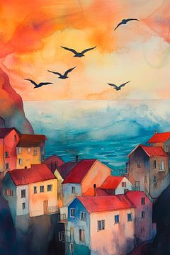 Kleurrijk kustlandschap met huizen van Poster Art Shop