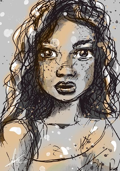 Portrait of young woman with curls. Golden yellow accents on and white canvas. Standing size artwork by Emiel de Lange