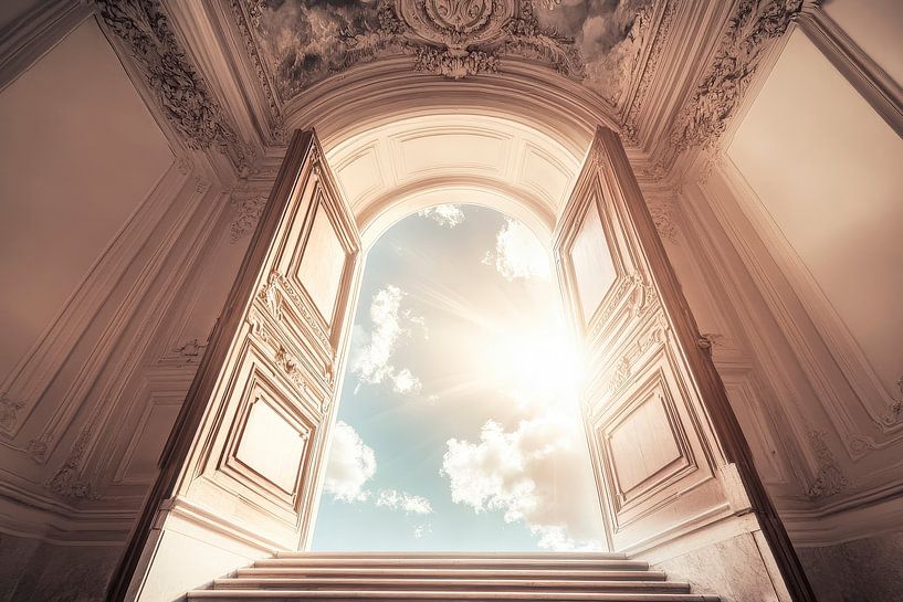 Light-flooded open door in the architecture by Poster Art Shop